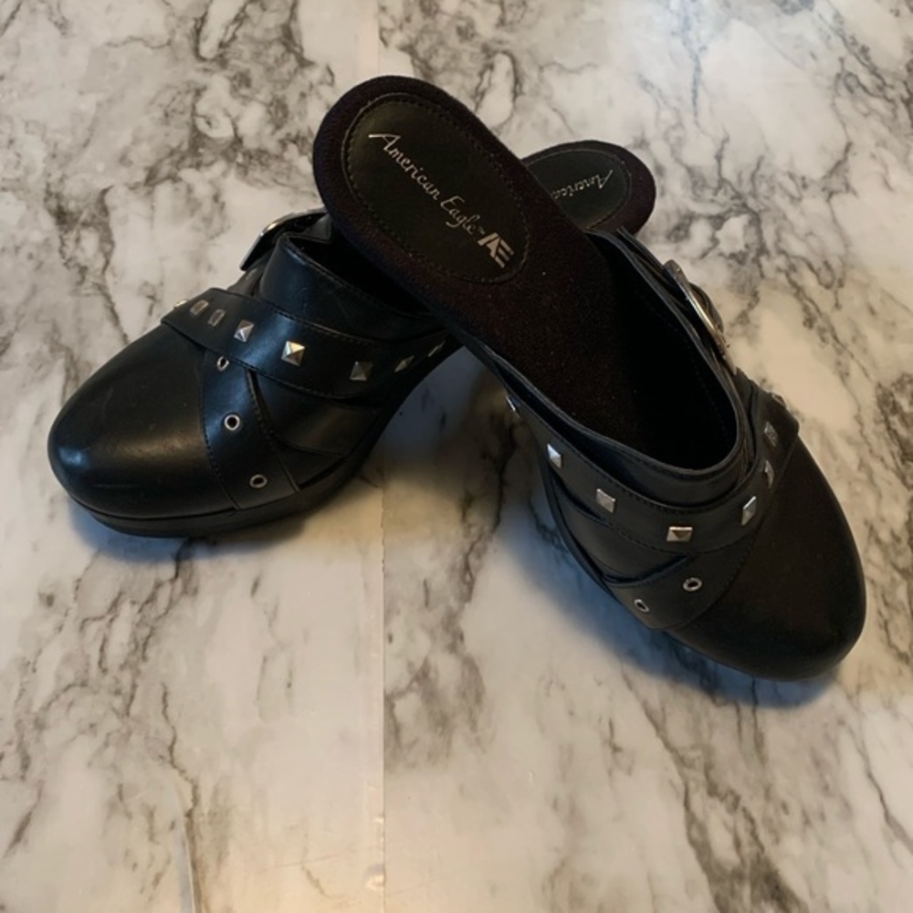 American Eagle Black Studded Buckled Sandal Clogs